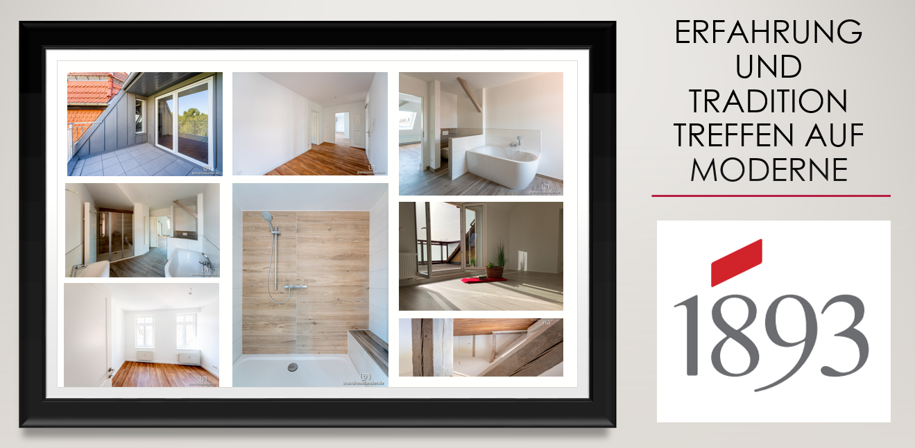 Bildercollage einer hellen Dachgeschosswohnung mit Balkon, Bad, Wohnzimmer, Schlafzimmer