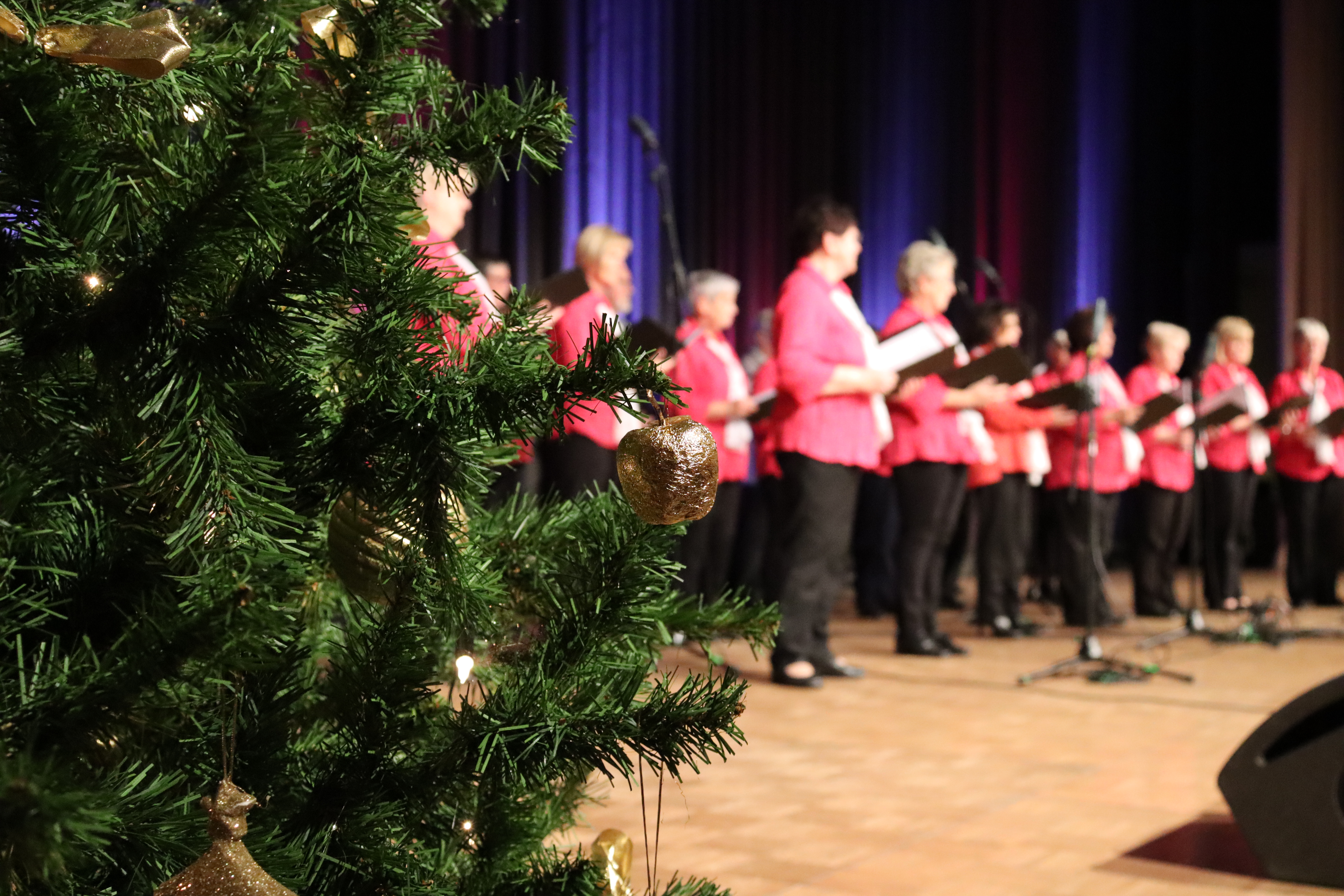 Weihnachtsbaum mit goldenen Kugeln im Vordergrund, im Hintergrund Frauenchor in roten Blusen auf Bühne